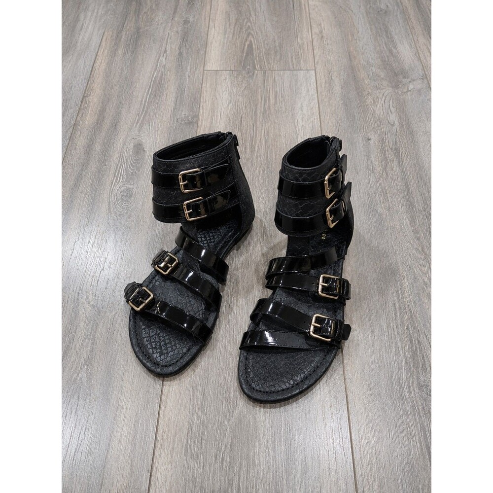 Wild Diva Womens 7 Black Patent Gladiator Sandals Gold Buckle Ankle Cuff Zip